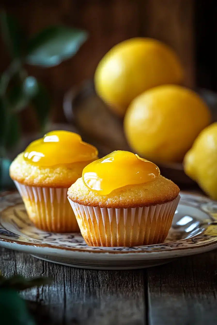 Close-up of a lemon muffin topped with lemon curd on a clean background