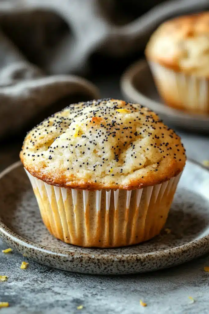 Close-up of a lemon poppyseed muffin sourdough with a golden crust and poppy seeds.