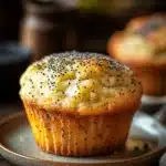 Close-up of a lemon poppyseed muffin sourdough with a golden crust and soft interior.