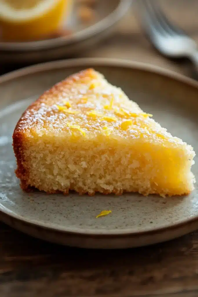 Close-up of a lemon zest cake slice with bright lighting and minimal background