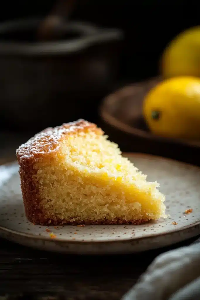 Close-up of a lemon zest cake slice with bright natural lighting and a clean background.
