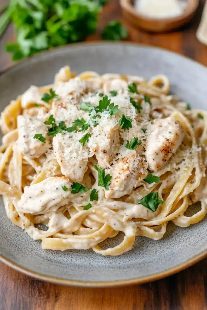 Close-up of low calorie chicken alfredo with creamy sauce and herbs on a white plate