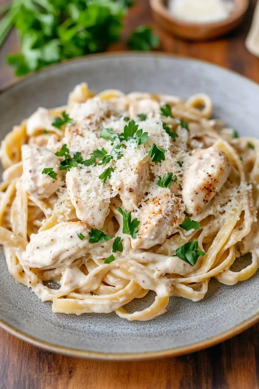 Close-up of low calorie chicken alfredo with creamy sauce and herbs on a white plate