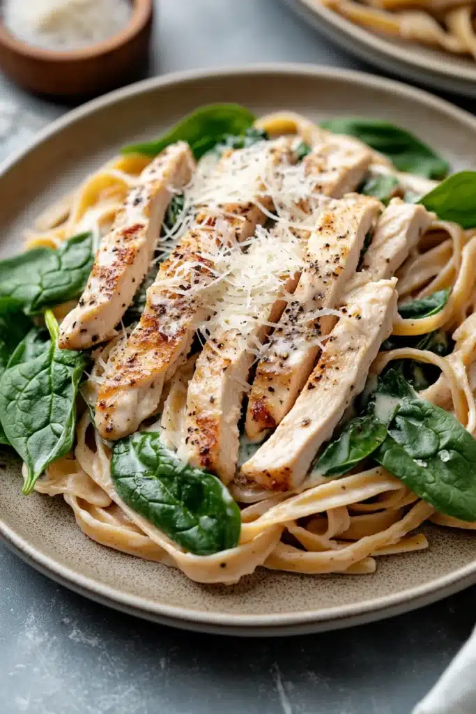 Close-up of creamy chicken alfredo pasta with a rich sauce, garnished with herbs.
