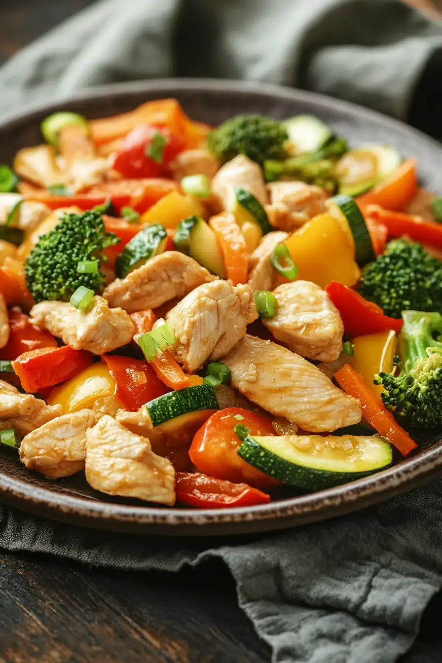 Close-up of a low calorie chicken and vegetables dish with bright colors and clean presentation.