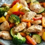 Close-up of a low calorie chicken and vegetables dish with bright colors and clean presentation