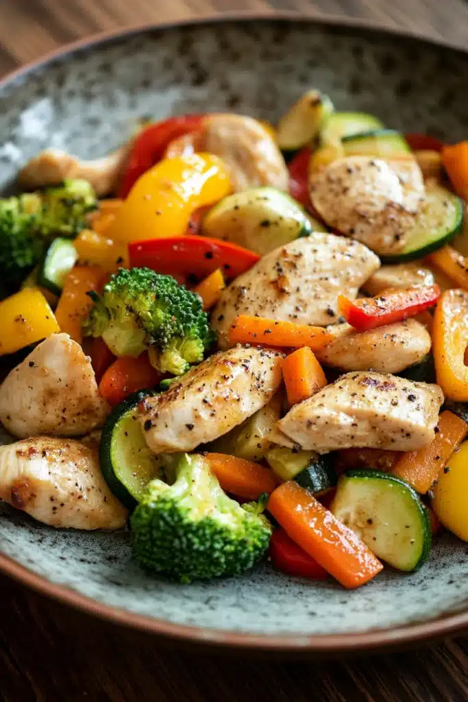Close-up of a low calorie chicken and vegetables dish with bright colors and clean presentation