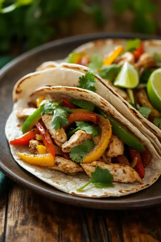 Close-up of low calorie chicken fajitas with vibrant vegetables and grilled chicken strips.