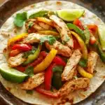 Close-up of low calorie chicken fajitas with colorful peppers and onions on a plate