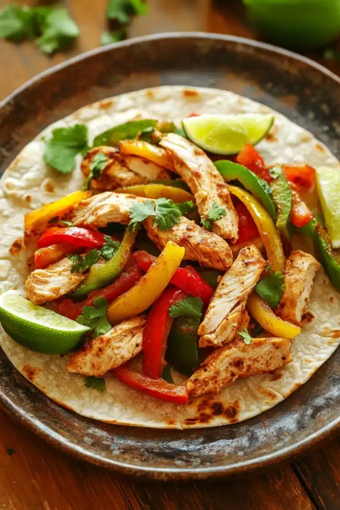 Close-up of low calorie chicken fajitas with colorful peppers and onions on a plate
