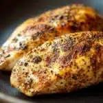 Close-up of a low calorie chicken fillet with creamy sauce on a white plate