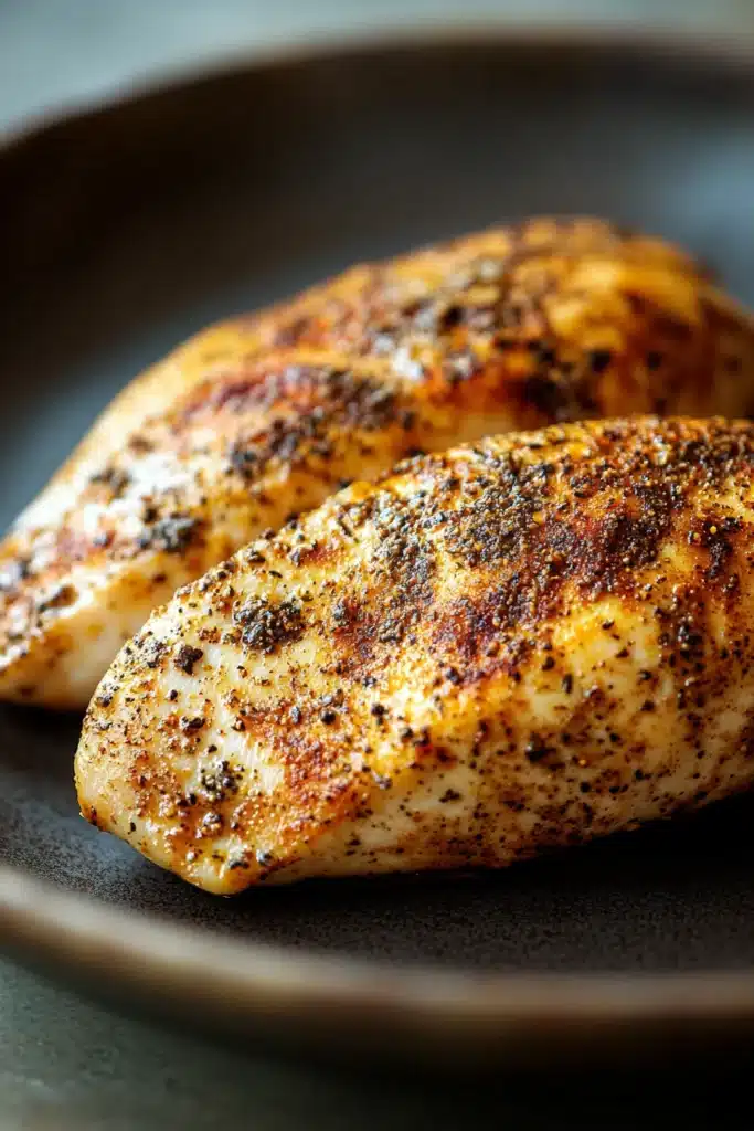 Close-up of a low calorie chicken fillet with creamy sauce on a white plate
