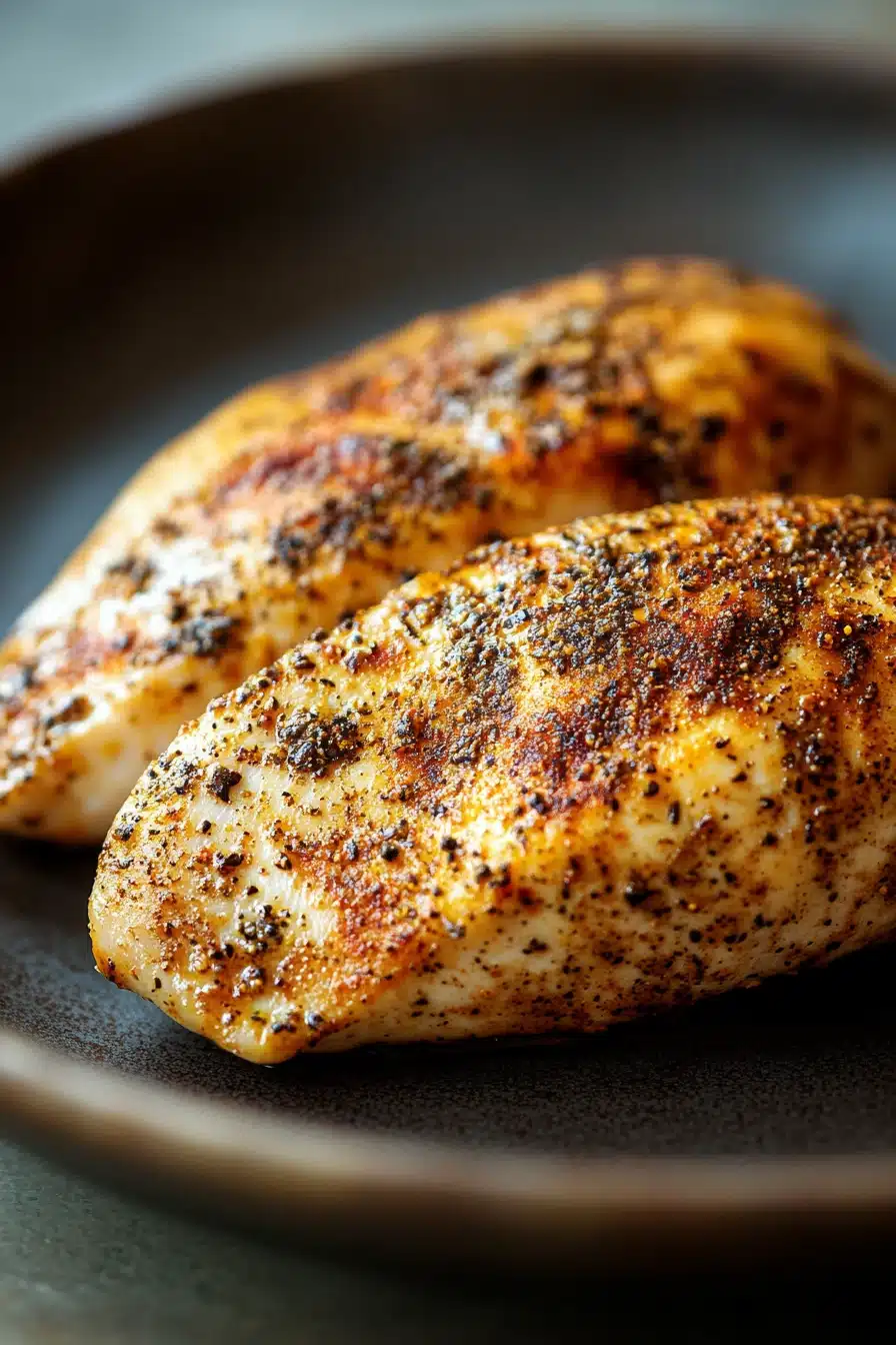 Close-up of a low calorie chicken fillet with creamy sauce on a white plate
