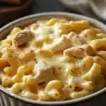 Close-up of creamy low calorie chicken mac and cheese with golden crust