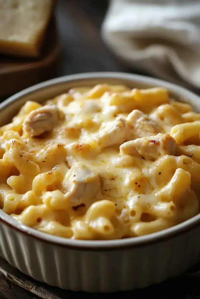 Close-up of creamy low calorie chicken mac and cheese with golden crust