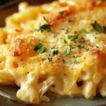 Close-up of low calorie chicken mac and cheese with creamy sauce and cheese topping