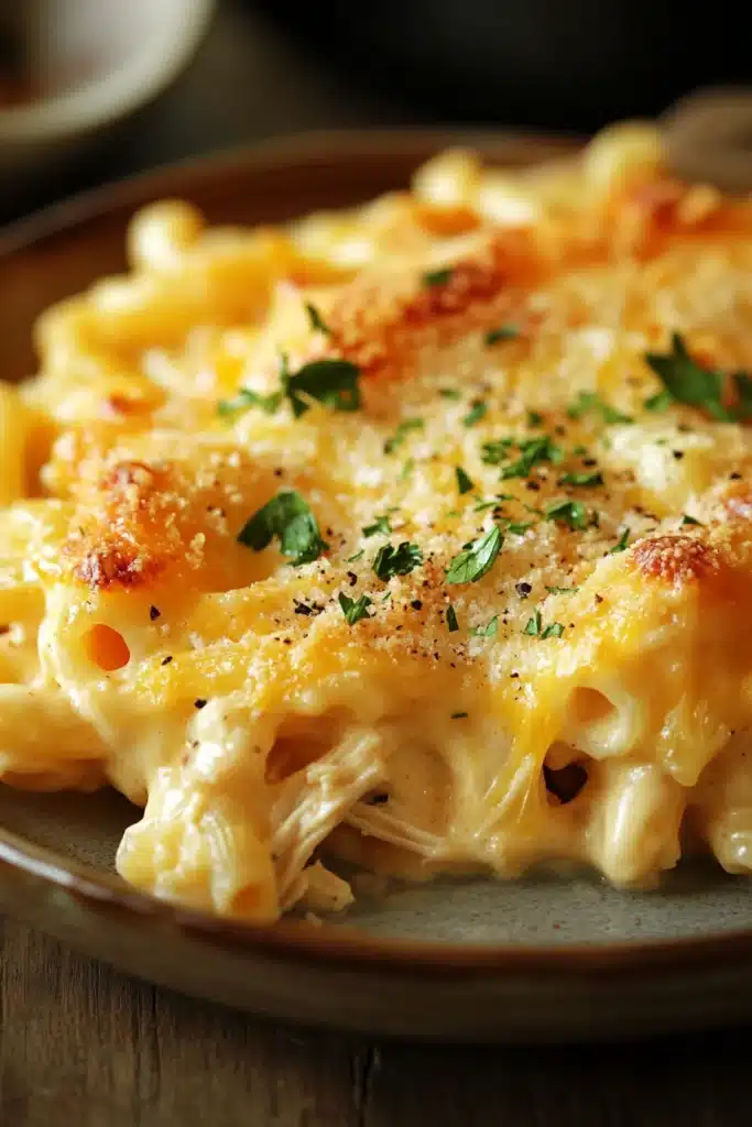 Close-up of low calorie chicken mac and cheese with creamy sauce and cheese topping