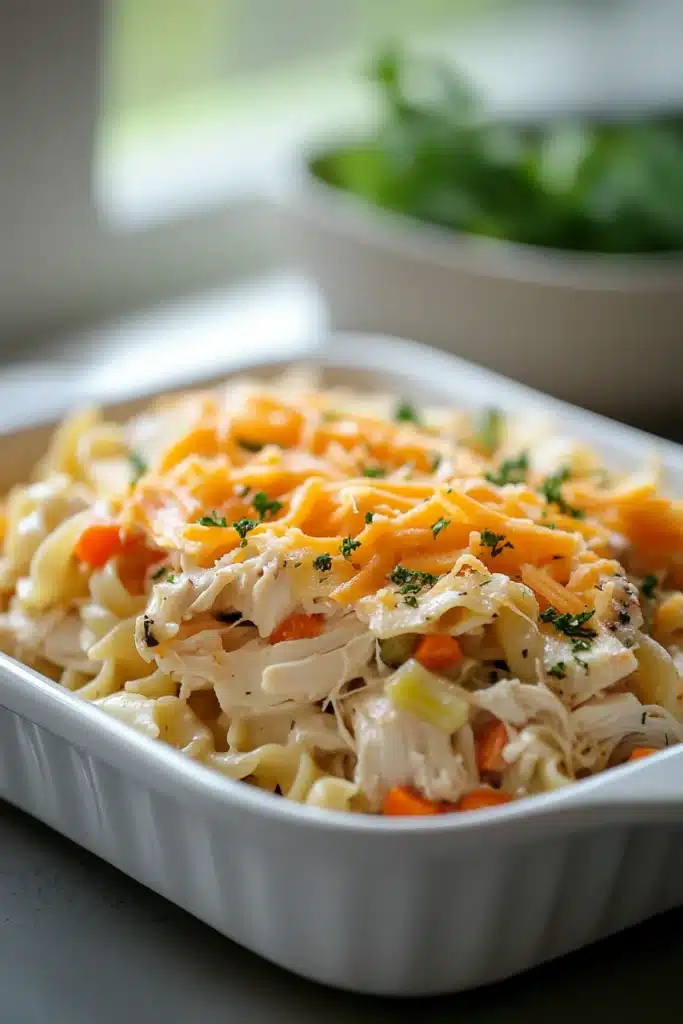 Close-up of a low calorie chicken noodle casserole with creamy sauce and noodles.
