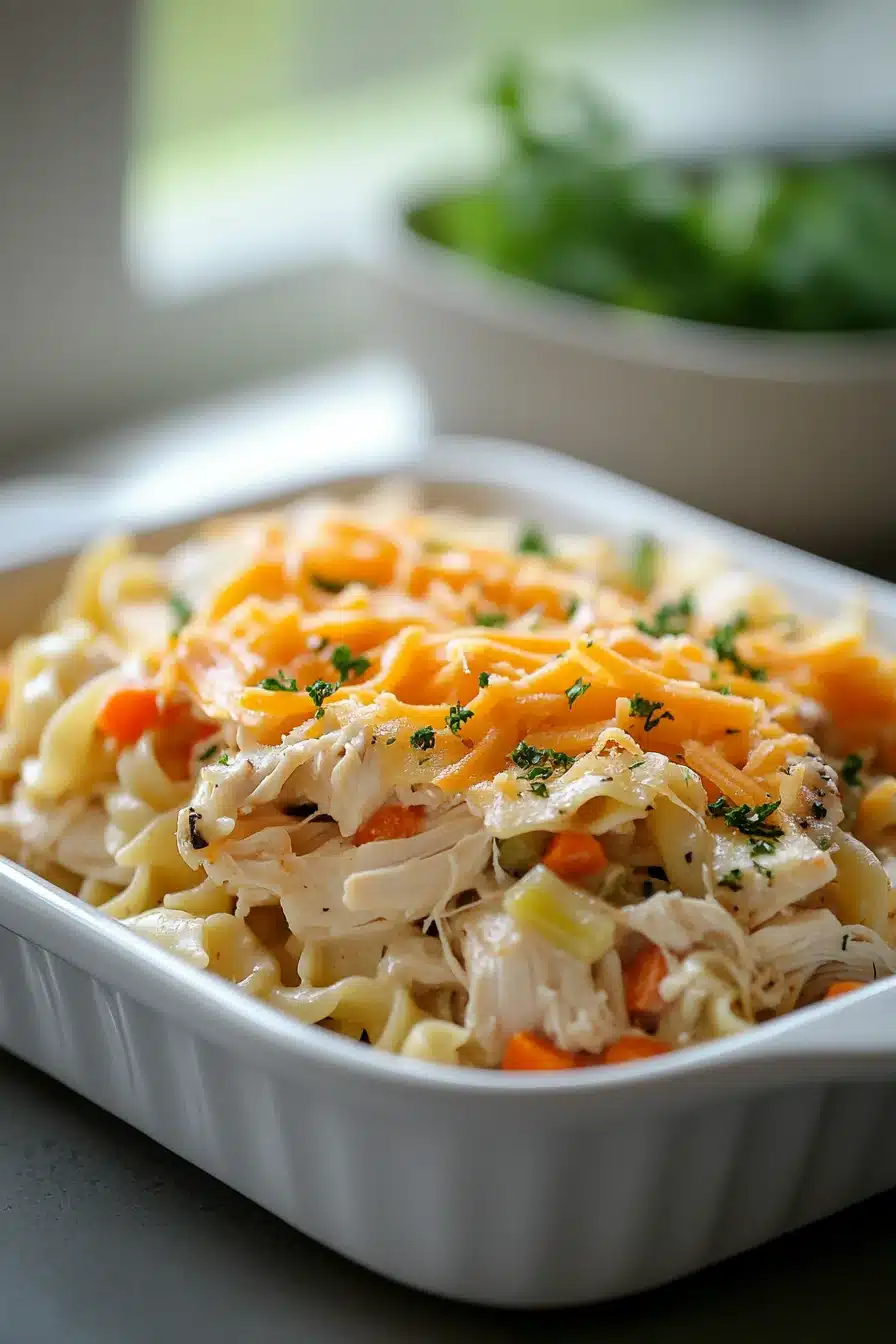 Close-up of a low calorie chicken noodle casserole with creamy sauce and noodles.
