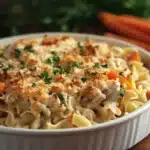 Close-up of a low calorie chicken noodle casserole with creamy sauce and chicken.