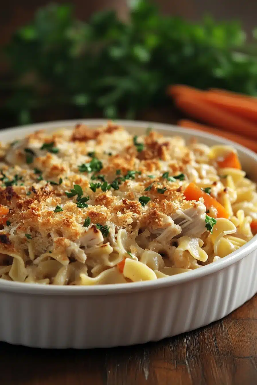 Close-up of a low calorie chicken noodle casserole with creamy sauce and chicken.