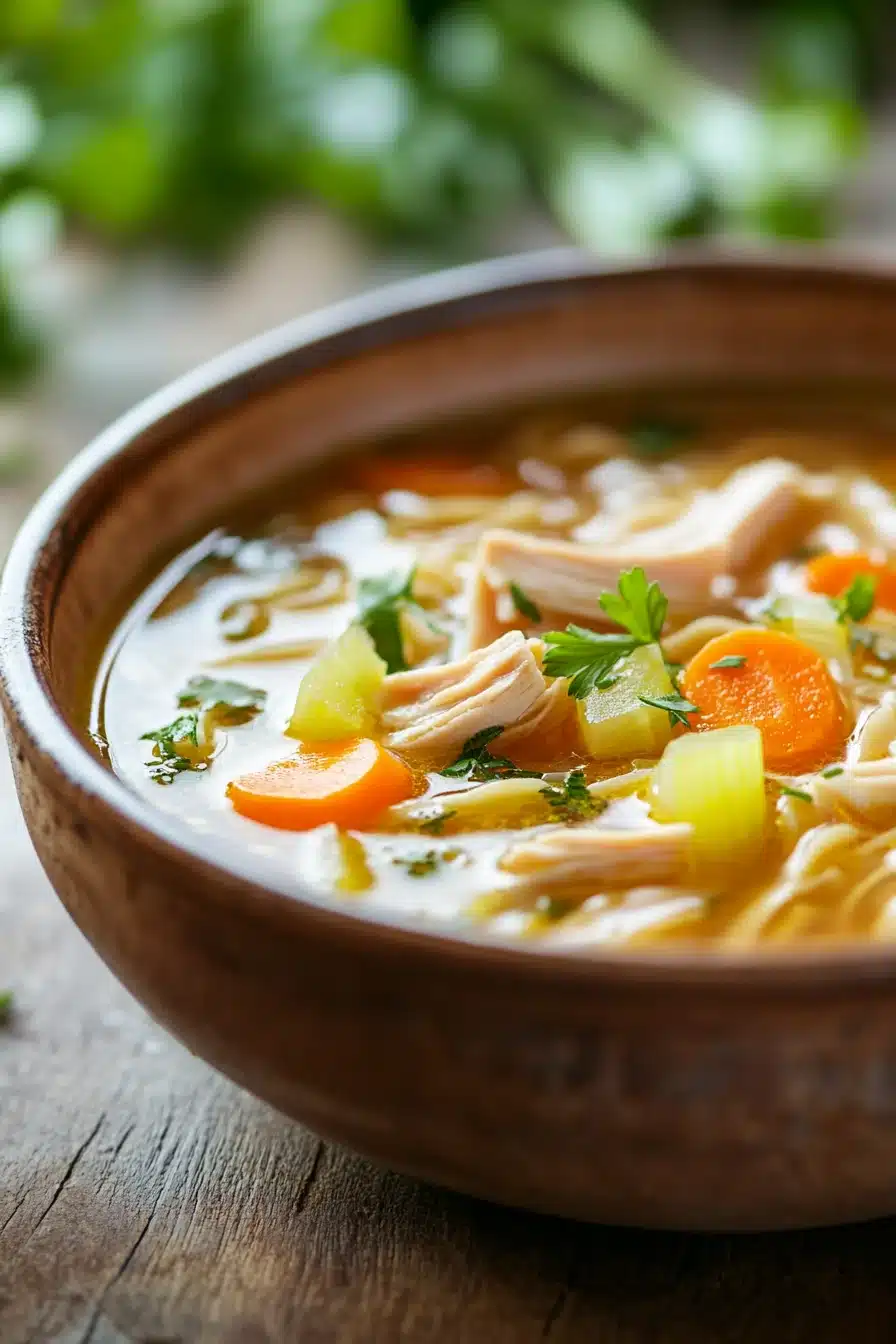 Close-up of a bowl of low calorie chicken noodle soup with visible chicken, noodles, and vegetables.
