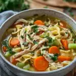 Close-up of low calorie chicken noodle soup with vegetables and herbs in a white bowl