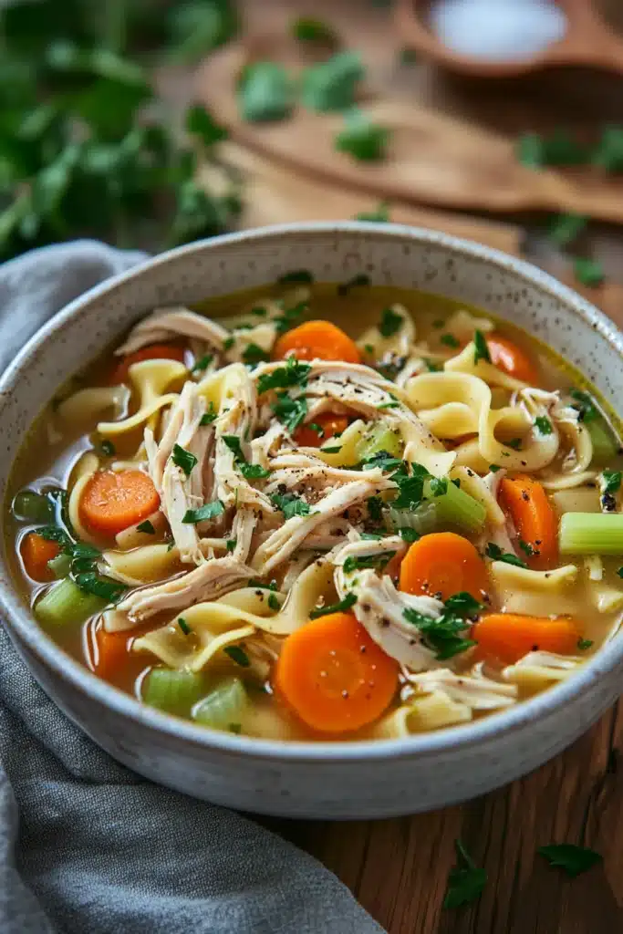 Close-up of low calorie chicken noodle soup with vegetables and herbs in a white bowl