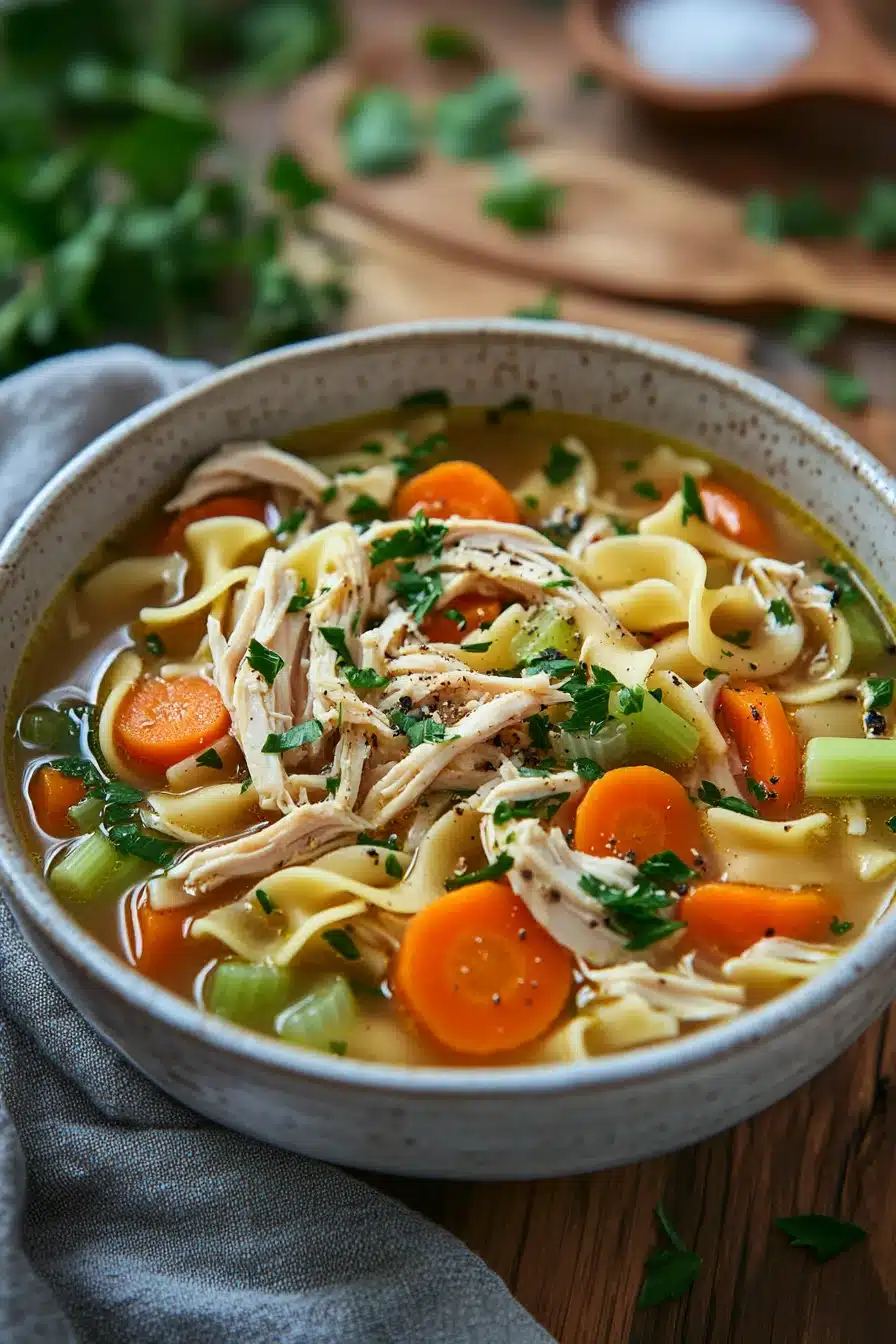 Close-up of low calorie chicken noodle soup with vegetables and herbs in a white bowl