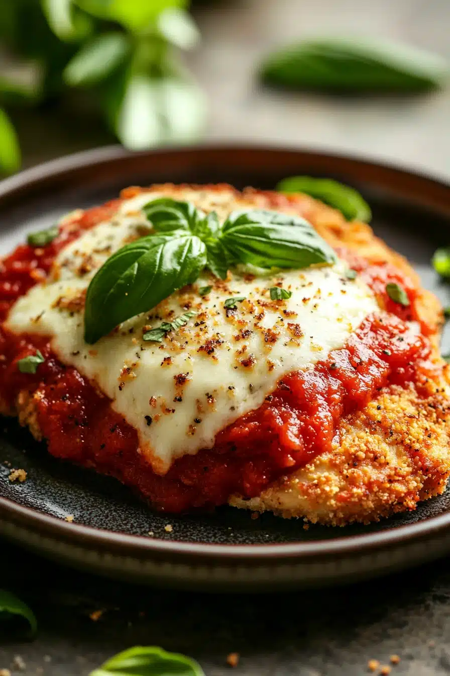 Close-up of low calorie chicken parm with creamy sauce and herbs