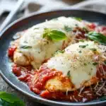Close-up of low calorie chicken parm with melted cheese and tomato sauce on a white plate.
