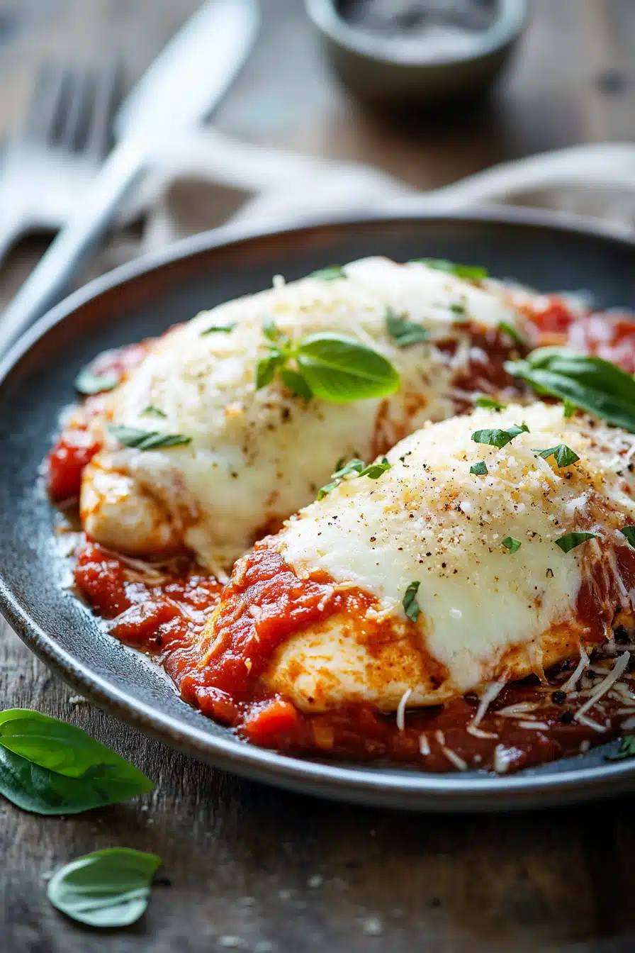 Close-up of low calorie chicken parm with melted cheese and tomato sauce on a white plate.