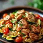 Close-up of low calorie chicken sausage orzo with bright, warm lighting and clean background
