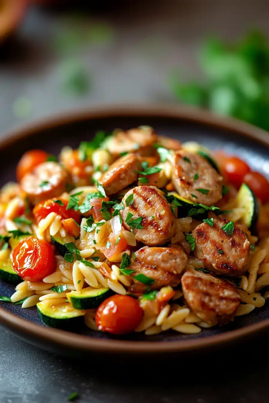 Close-up of low calorie chicken sausage orzo with bright, warm lighting and clean background