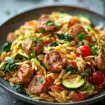 Close-up of low calorie chicken sausage orzo with vibrant colors and textures