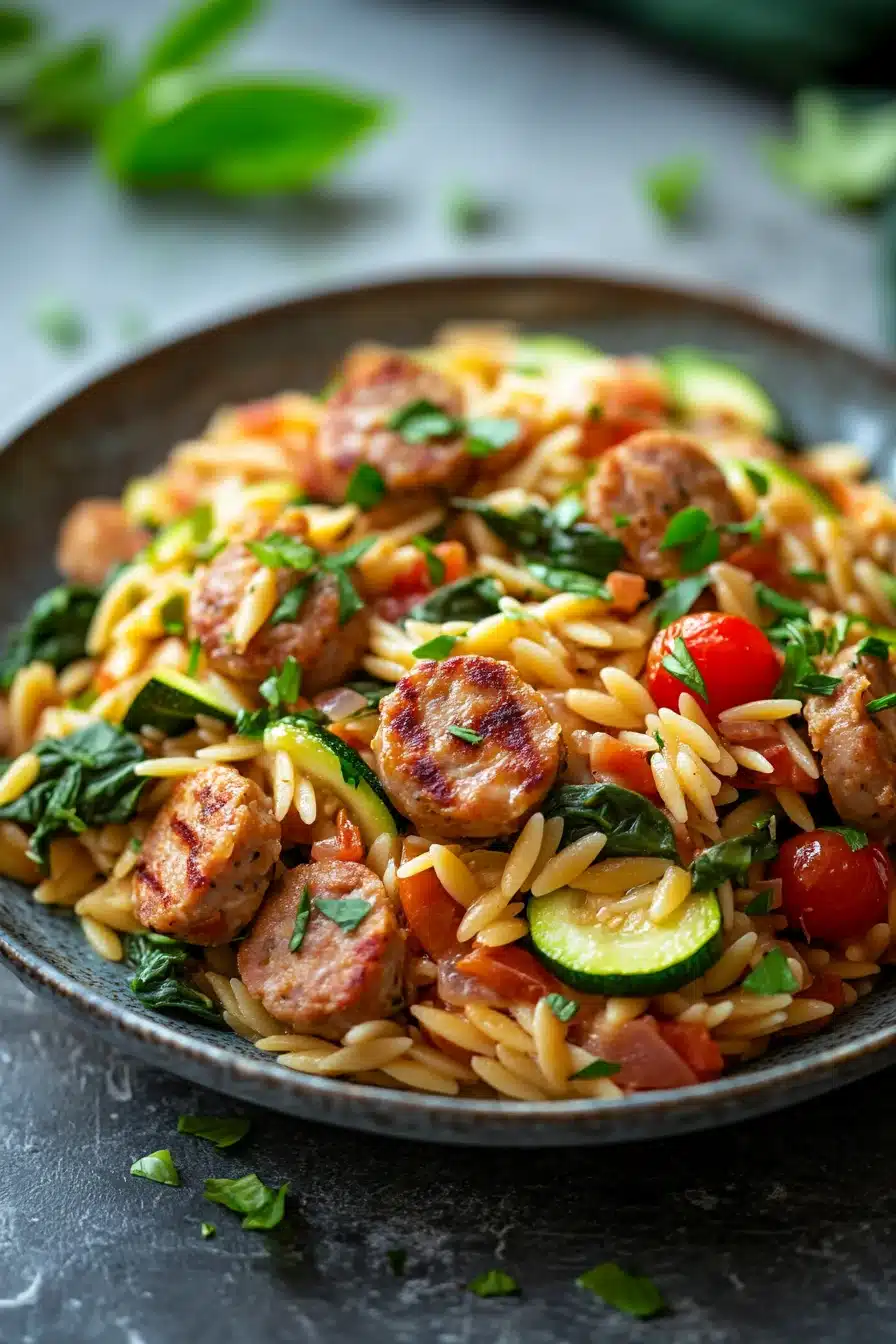 Close-up of low calorie chicken sausage orzo with vibrant colors and textures