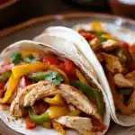 Close-up of make ahead chicken fajitas for a crowd with vibrant peppers and onions