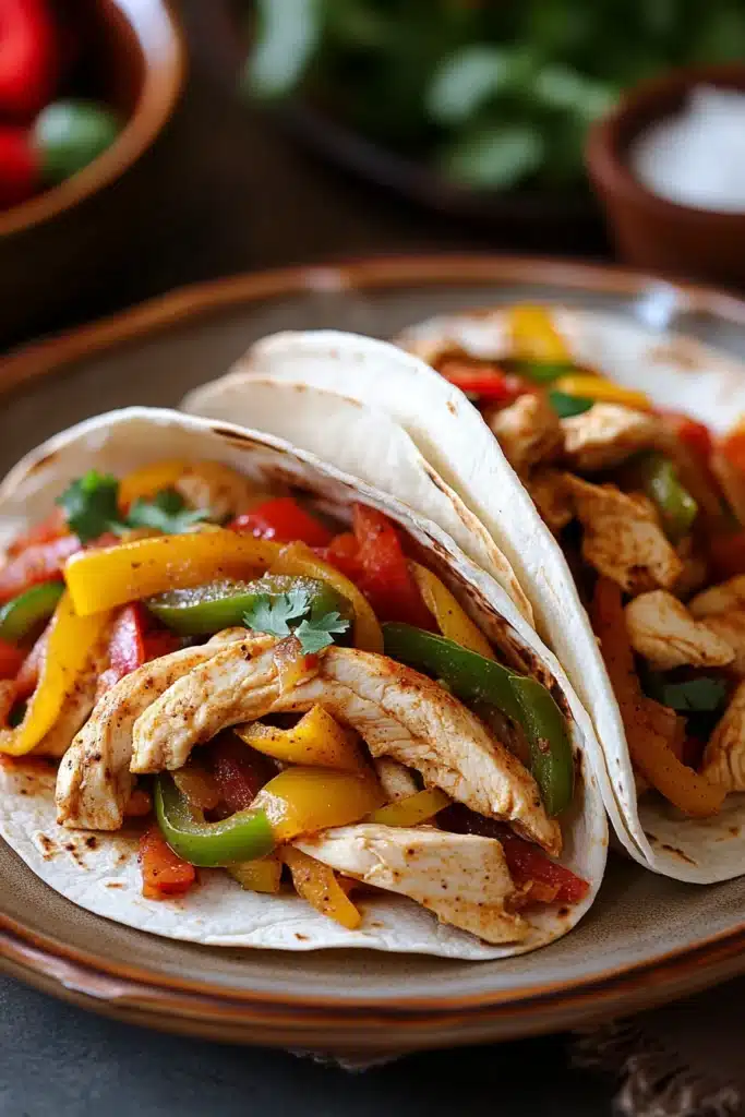 Close-up of make ahead chicken fajitas for a crowd with vibrant peppers and onions
