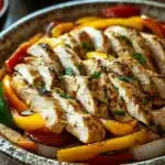 Close-up of make ahead chicken fajitas for a crowd with bright vegetables and grilled chicken.