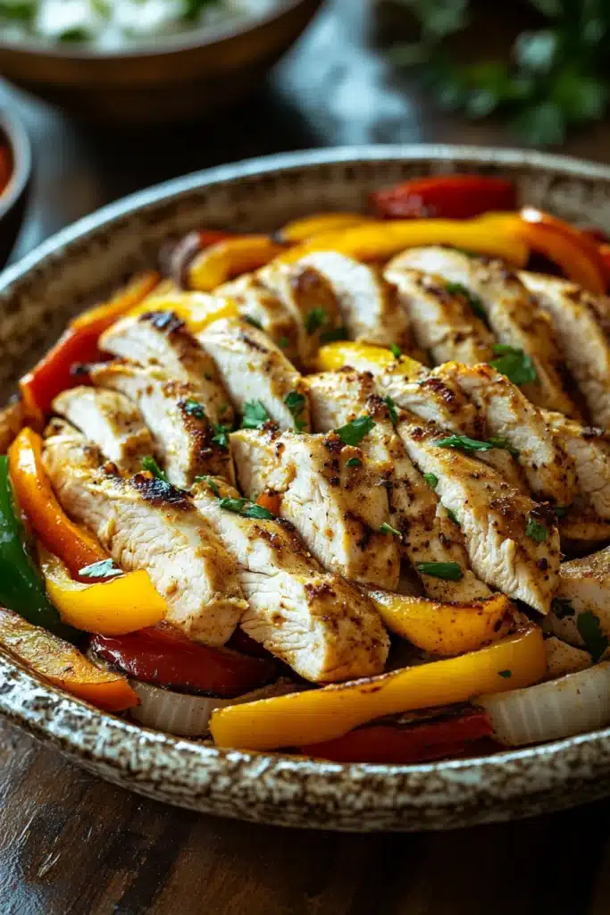 Close-up of make ahead chicken fajitas for a crowd with bright vegetables and grilled chicken.