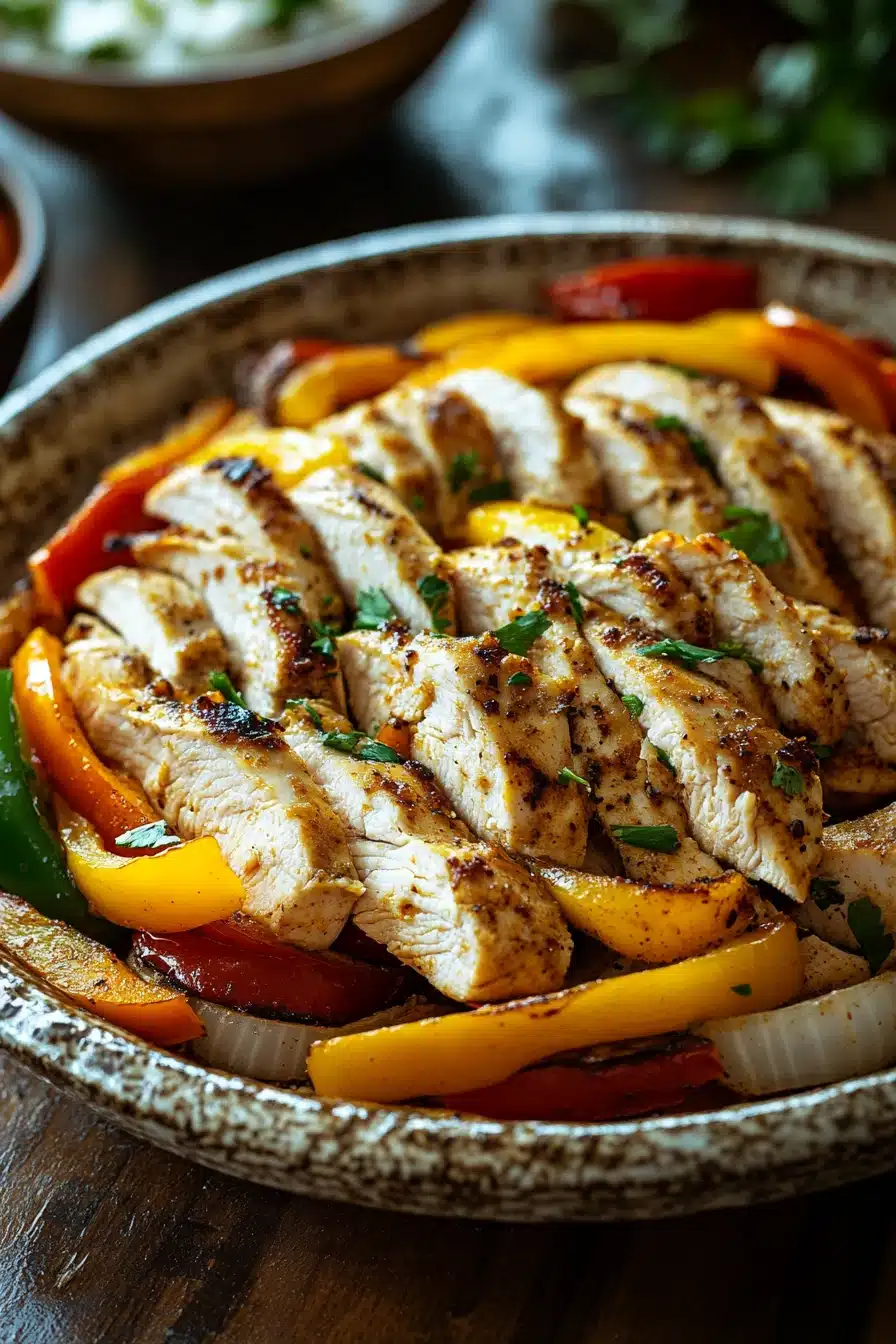 Close-up of make ahead chicken fajitas for a crowd with bright vegetables and grilled chicken.