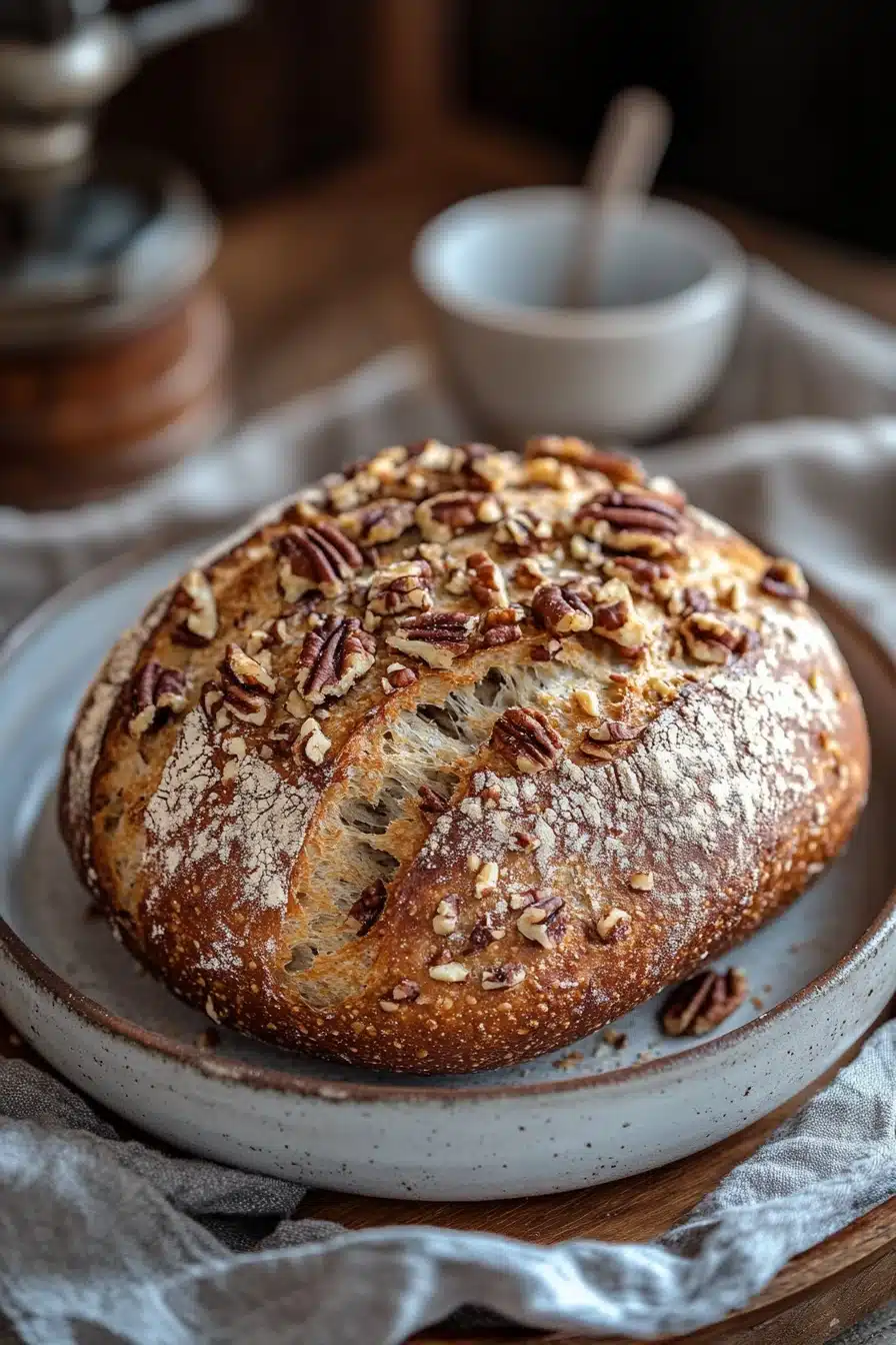 Close-up of maple pecan no knead bread with a golden crust and pecans on top