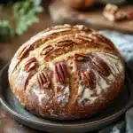 Close-up of maple pecan no knead bread with a golden crust and visible pecans
