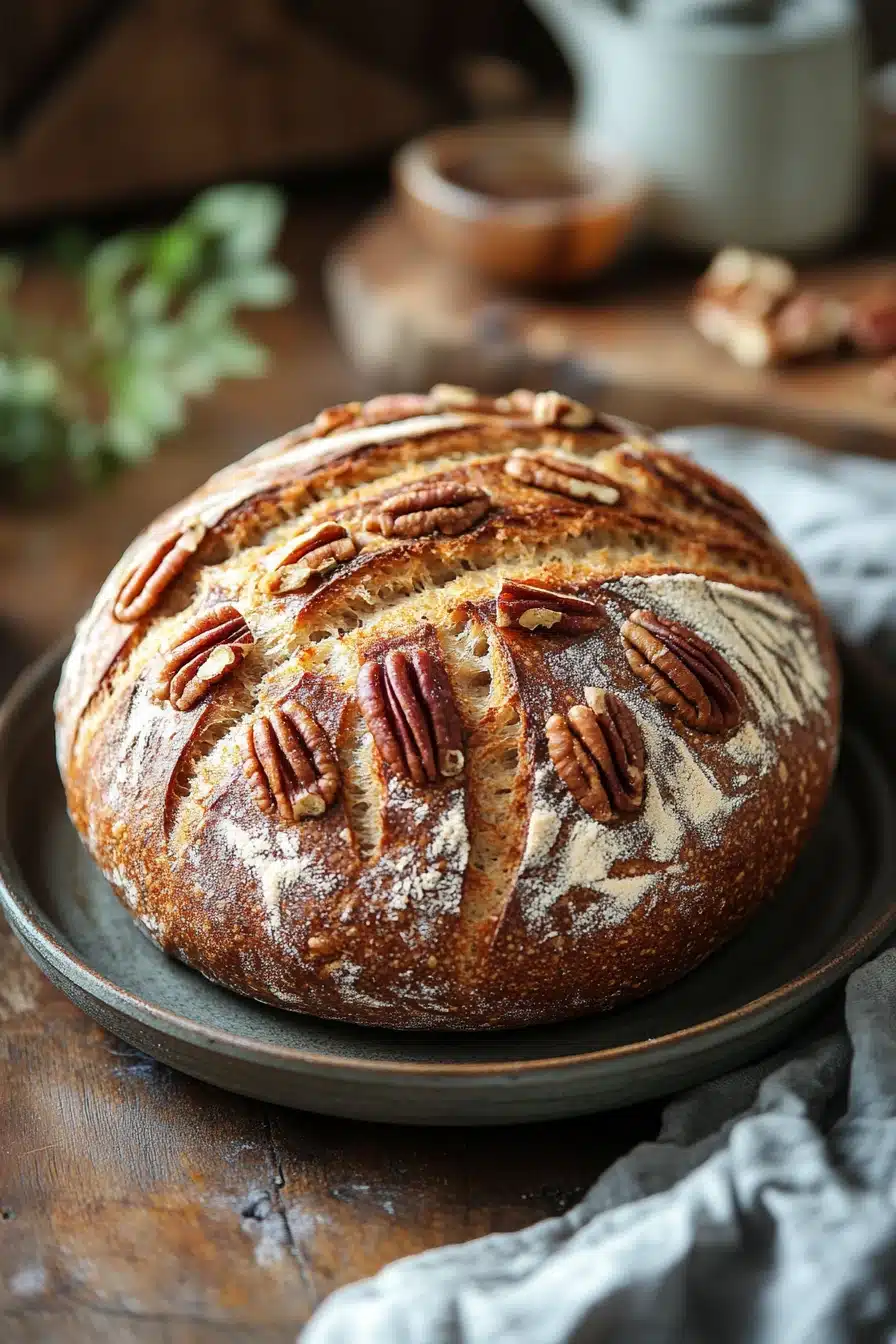 Close-up of maple pecan no knead bread with a golden crust and visible pecans