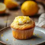 Close-up of muffin allo yogurt e limone with a golden crust and soft texture.