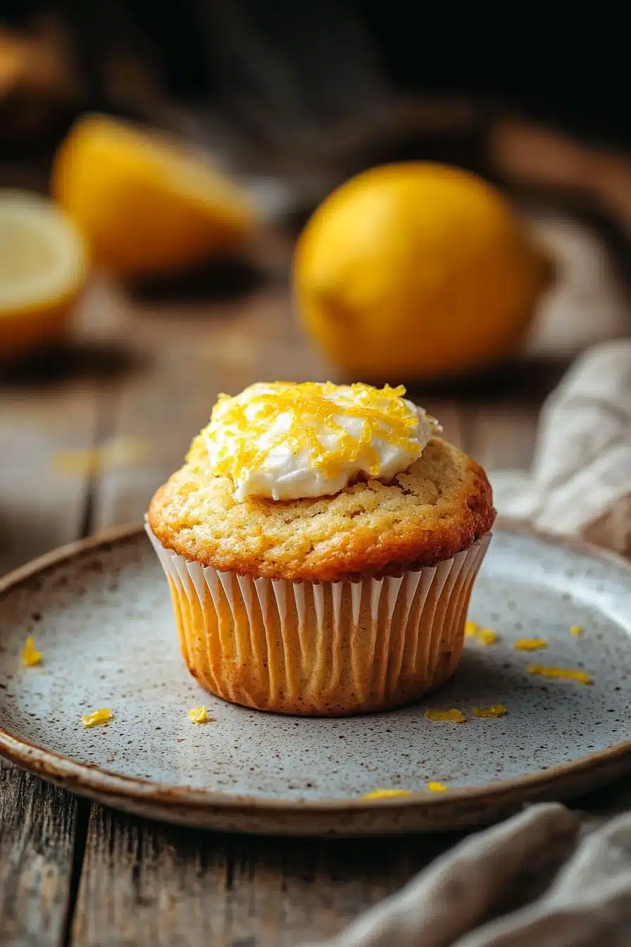 Close-up of muffin allo yogurt e limone with a golden crust and soft texture.