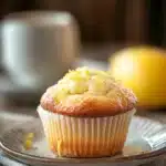 Close-up of a lemon yogurt muffin with a golden top and soft texture