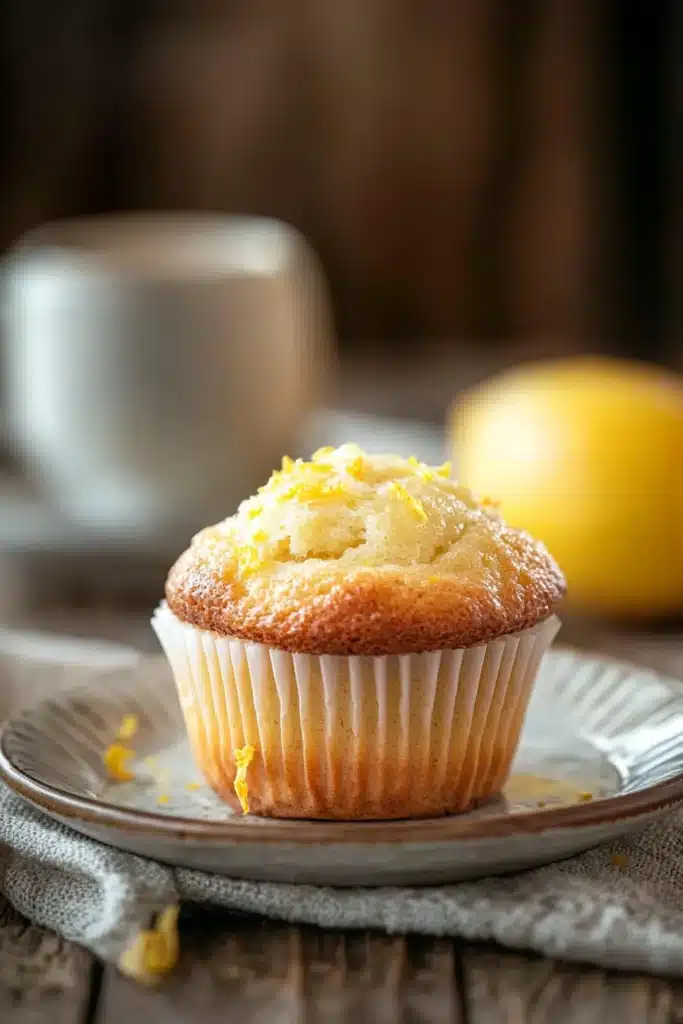 Close-up of a lemon yogurt muffin with a golden top and soft texture
