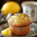 Close-up of a lemon poppyseed muffin with visible lemon zest and poppy seeds on a clean background.