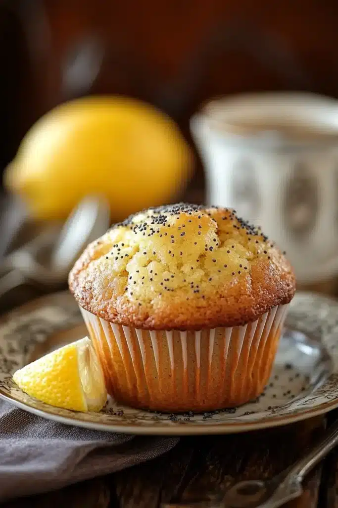 Close-up of a lemon poppyseed muffin with visible lemon zest and poppy seeds on a clean background.